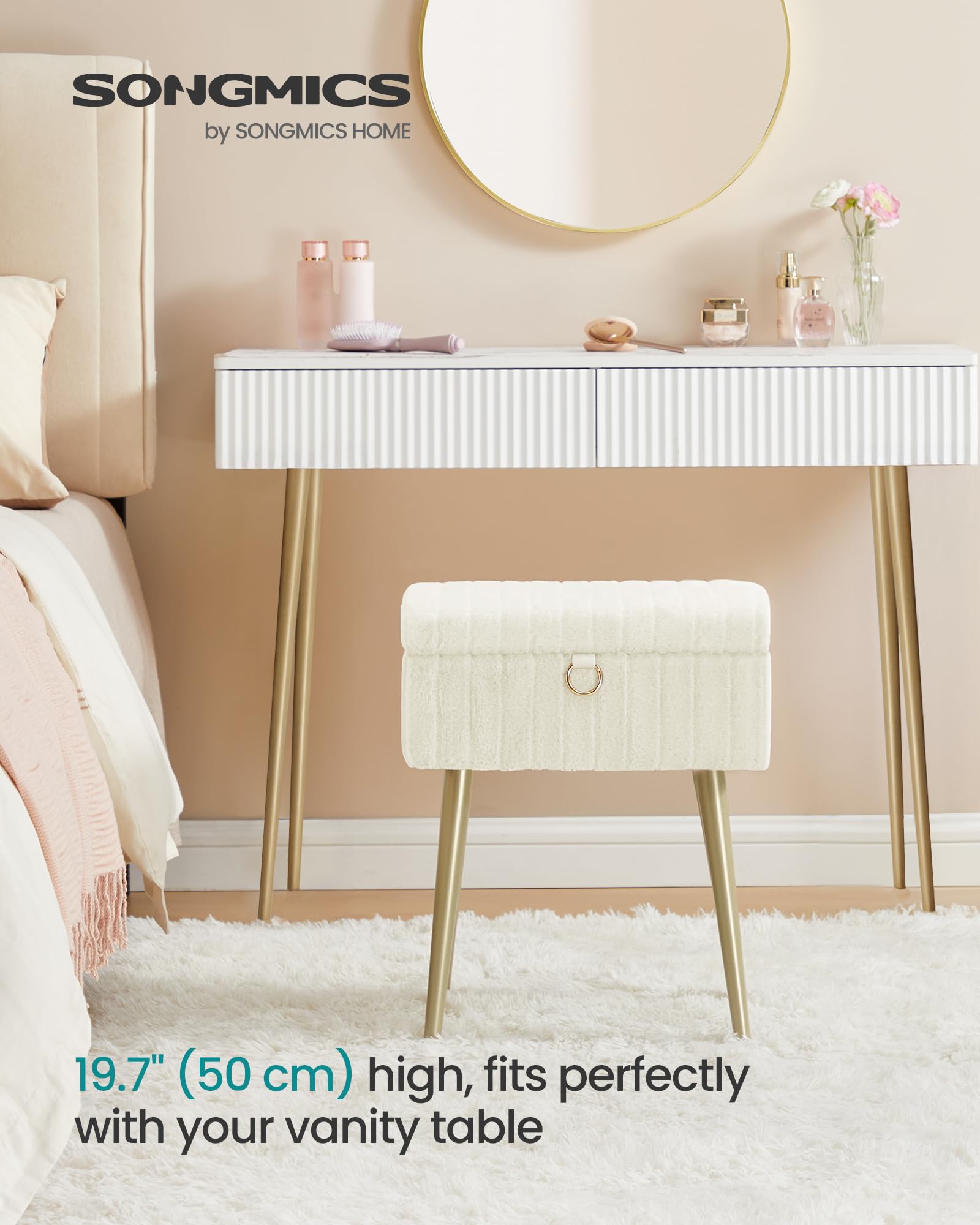 SONGMICS vanity stool with soft pile seat provides comfortable, inviting seating for routines.