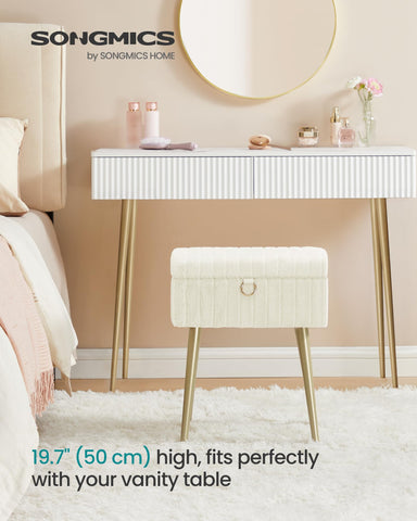 SONGMICS vanity stool with soft pile seat provides comfortable, inviting seating for routines.