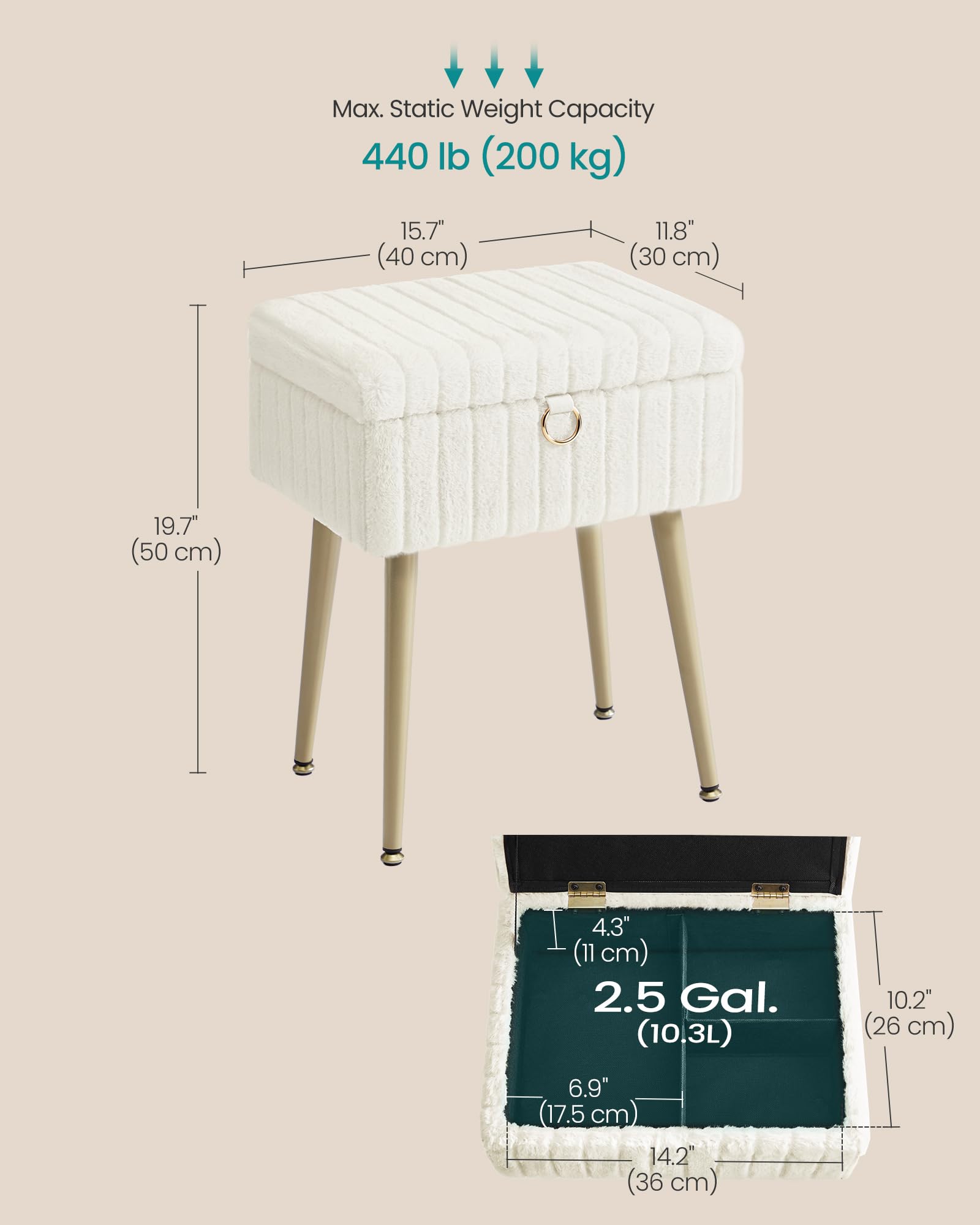SONGMICS vanity stool features four metal legs for stable, durable support.