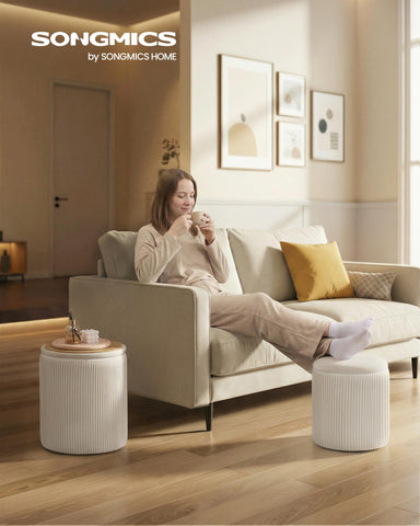 SONGMICS velvet cream ottoman close-up shows soft feel and inviting seating.