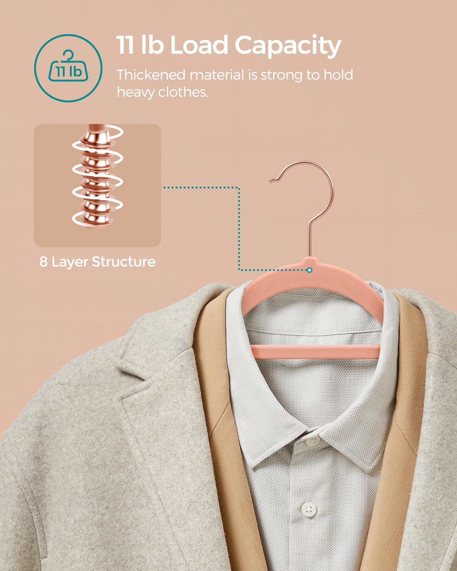 Songmics velvet hanger supports up to 11 lb for sturdy coats.