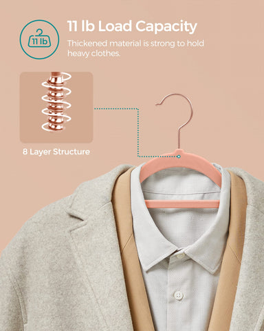 Songmics velvet hanger supports up to 11 lb for sturdy coats.