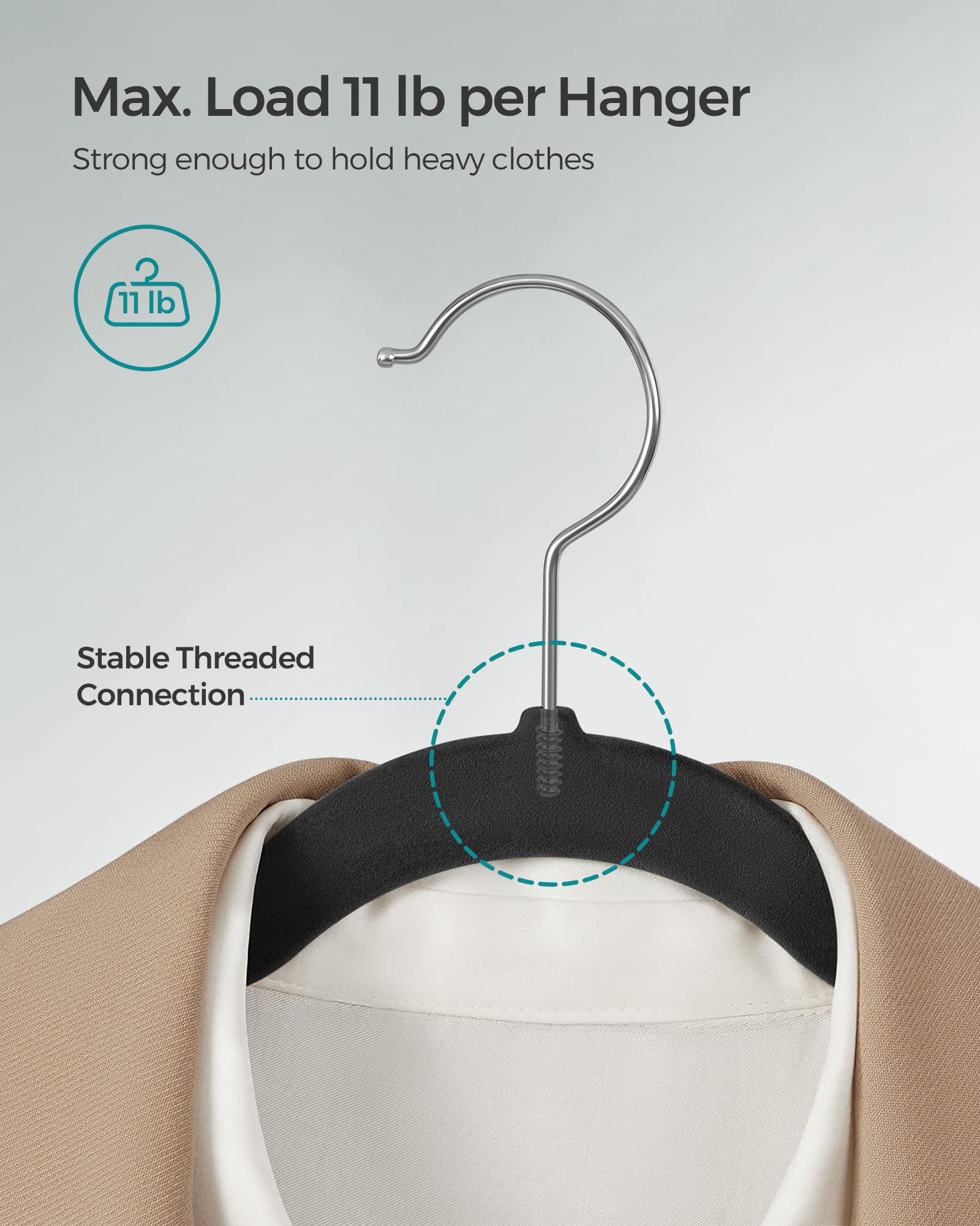SONGMICS velvet hangers with 360° swivel hook for easy access.