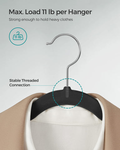 SONGMICS velvet hangers with 360° swivel hook for easy access.