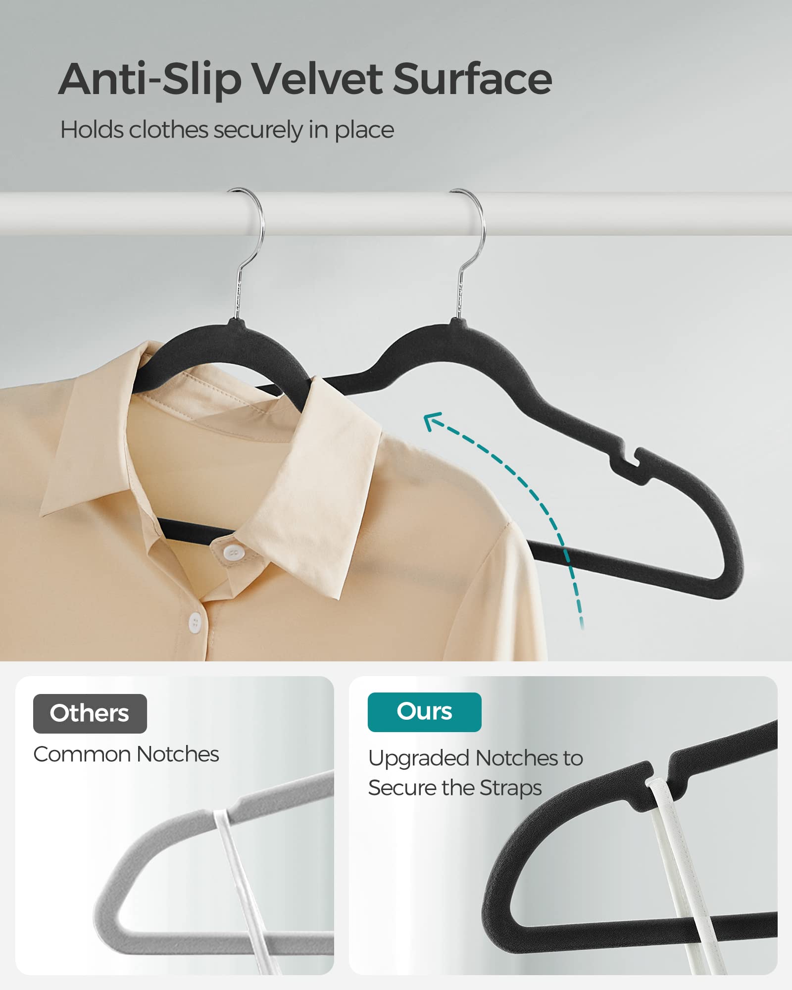 SONGMICS velvet hangers anti-slip texture protects fabrics and reduces creasing.