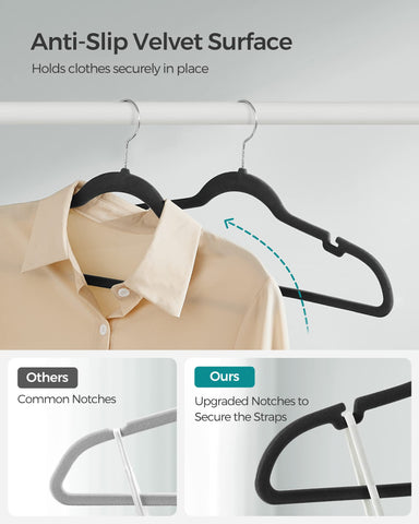 SONGMICS velvet hangers anti-slip texture protects fabrics and reduces creasing.