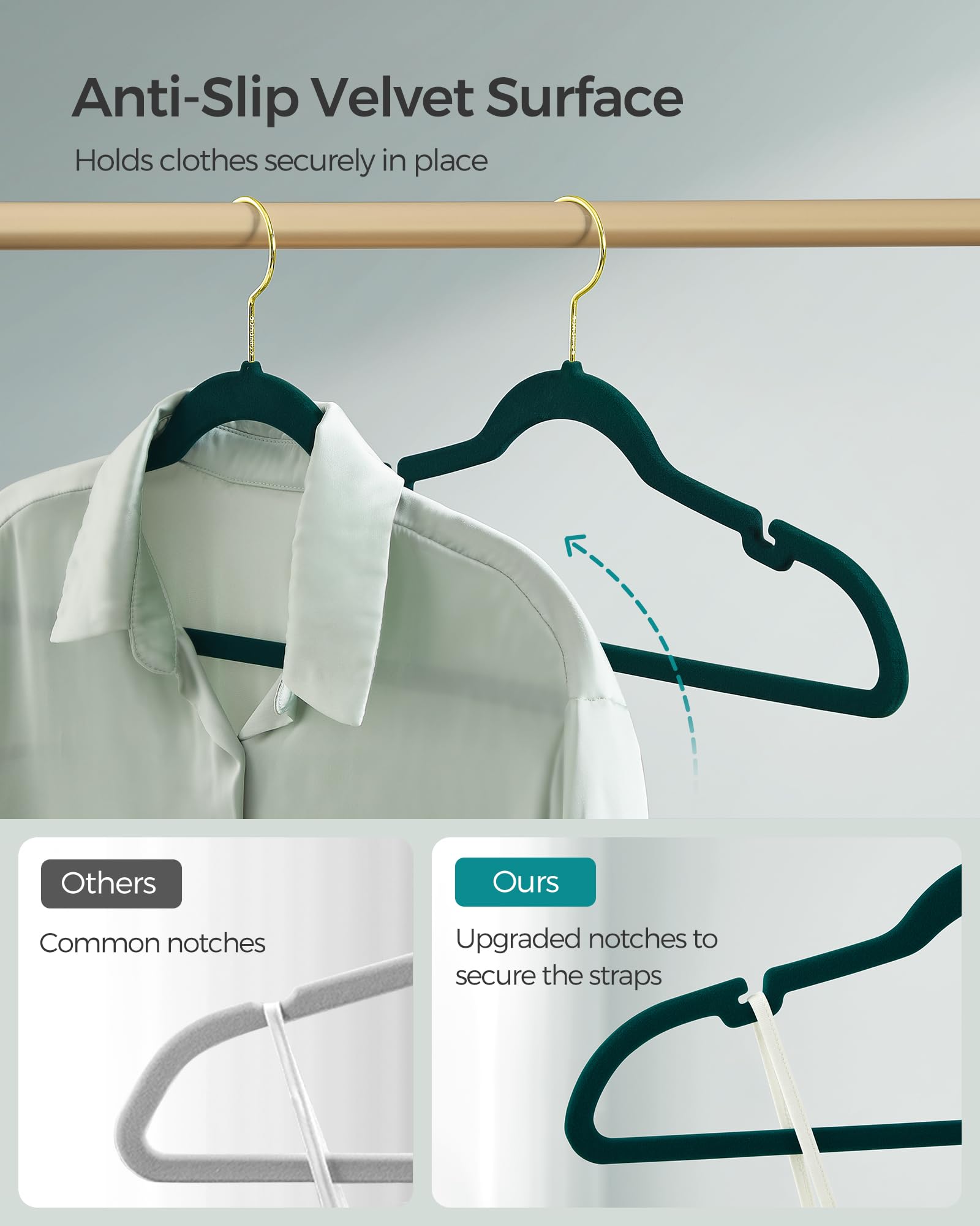 SONGMICS velvet hangers anti-slip surface protects delicate fabrics from slipping.