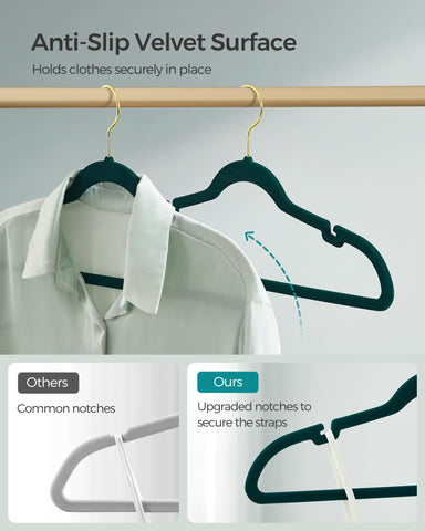 SONGMICS velvet hangers anti-slip surface protects delicate fabrics from slipping.