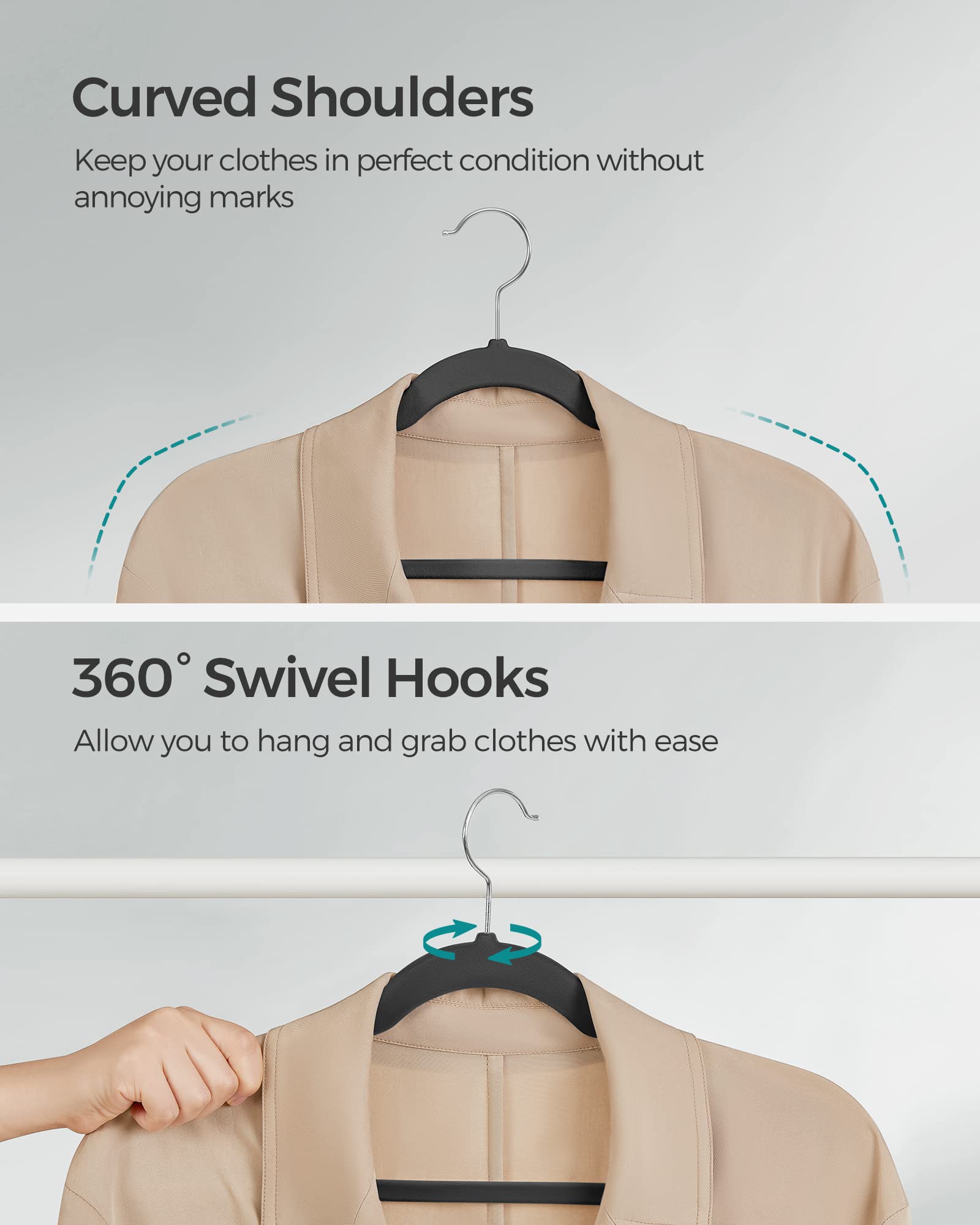 SONGMICS velvet hangers durable ABS construction for reliable support.
