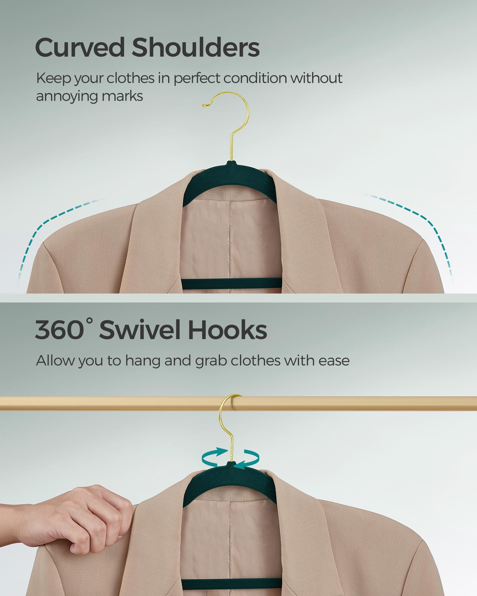 SONGMICS velvet hangers in Forest Green color add subtle style.