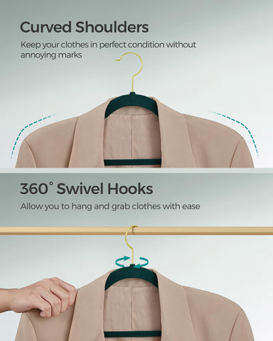 SONGMICS velvet hangers in Forest Green color add subtle style.
