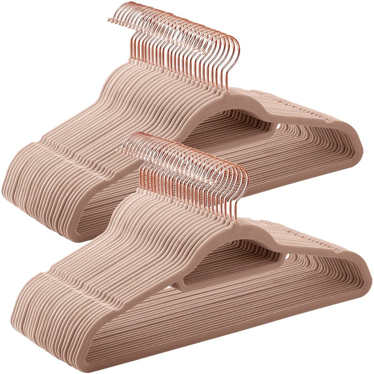 Songmics velvet hangers with rose-gold swivel hooks keep outfits organized and secure.