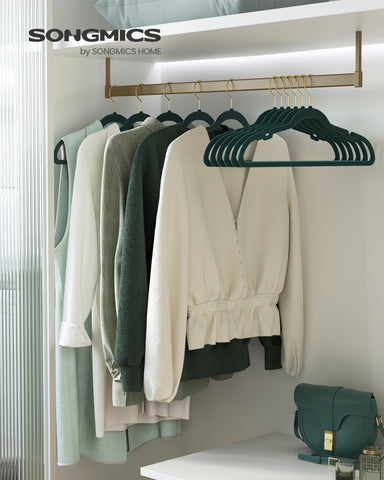 SONGMICS velvet hangers shoulder notches hold thin straps securely on delicate tops.