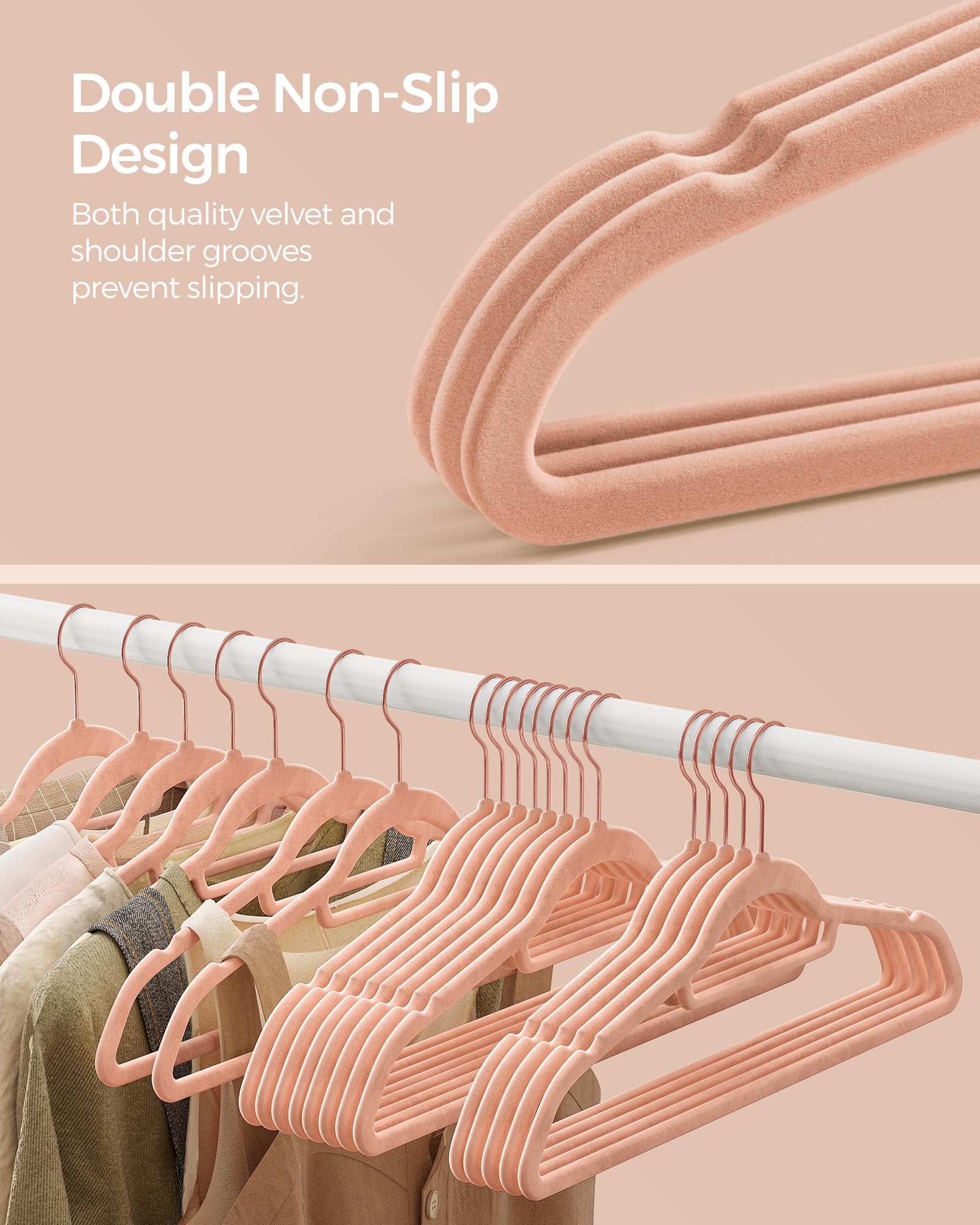 Slim profile Songmics hangers saving closet space while keeping garments neat.