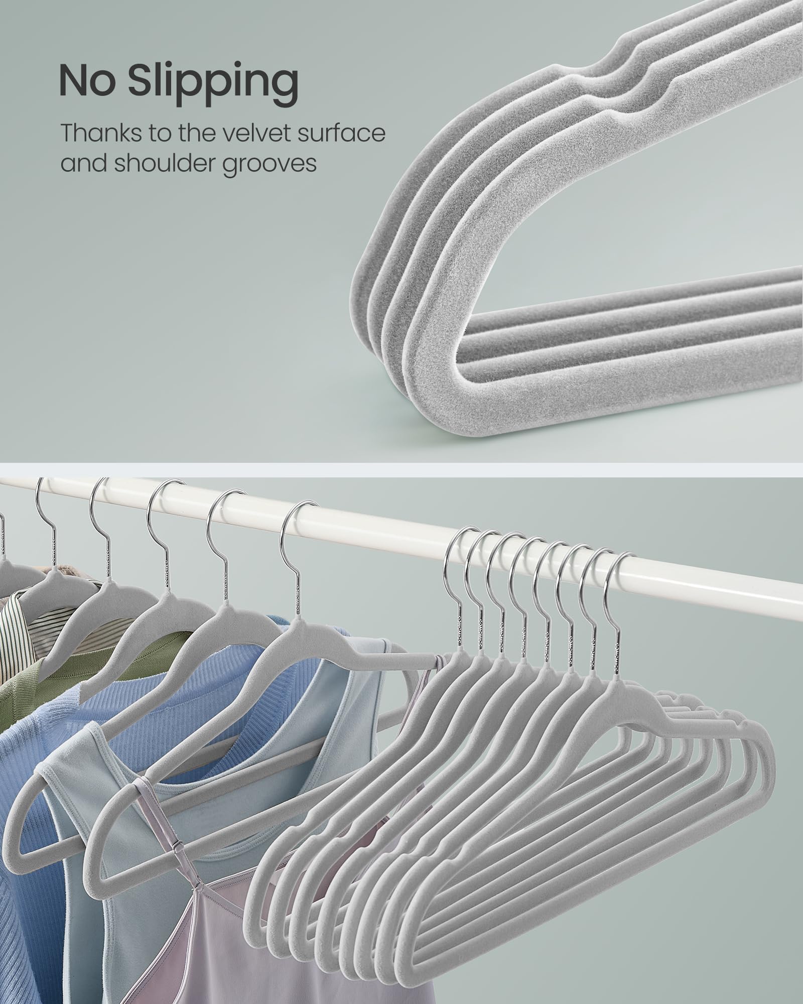 SongMics velvet hangers with 360-degree swivel hooks for easy access.