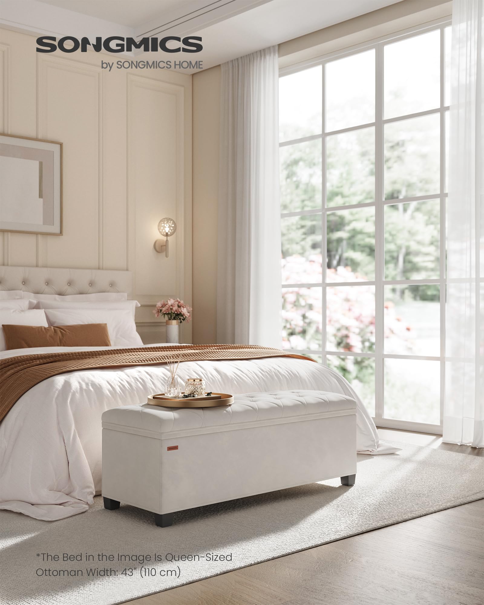 SONGMICS velvet storage ottoman bench lid open reveals generous interior.