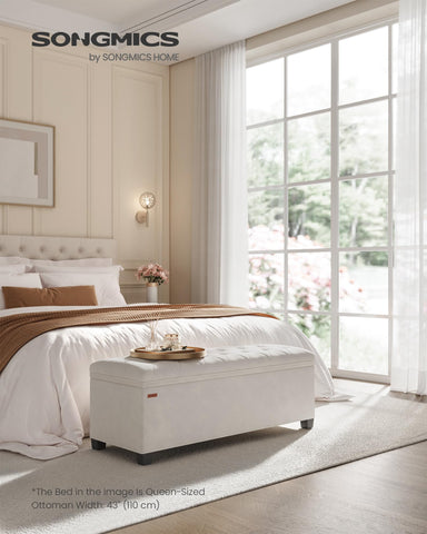 SONGMICS velvet storage ottoman bench lid open reveals generous interior.