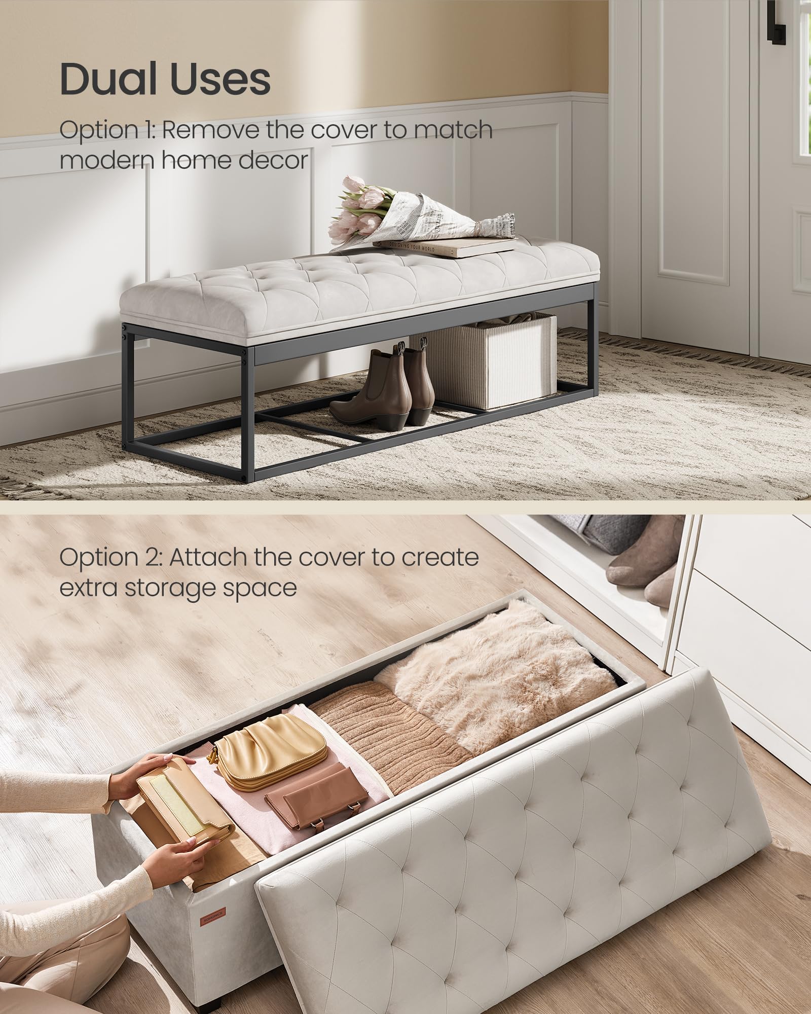 SONGMICS velvet storage ottoman bench side view shows sturdy frame.