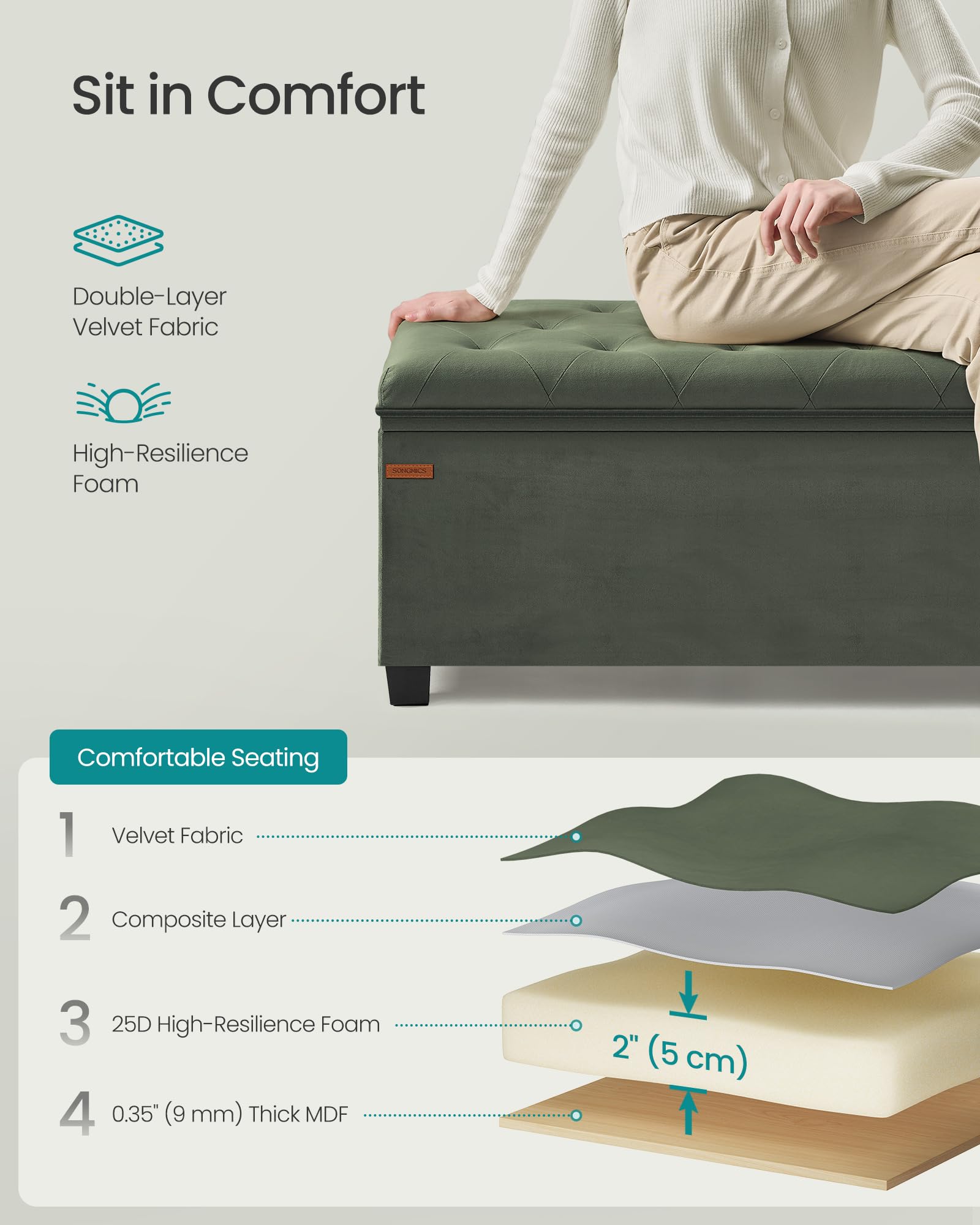 SONGMICS velvet ottoman dimensions 40x110x40 cm for fit