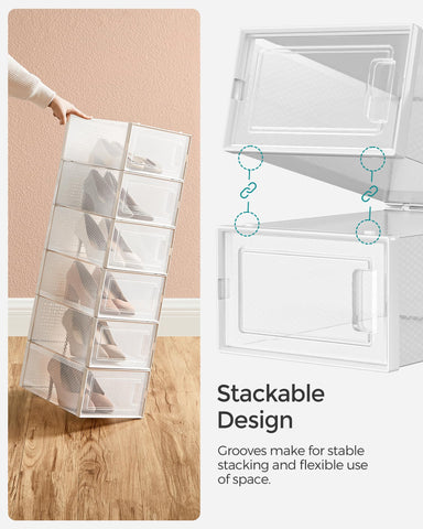 SONGMICS breathable shoe boxes with ventilation holes to keep shoes fresh.