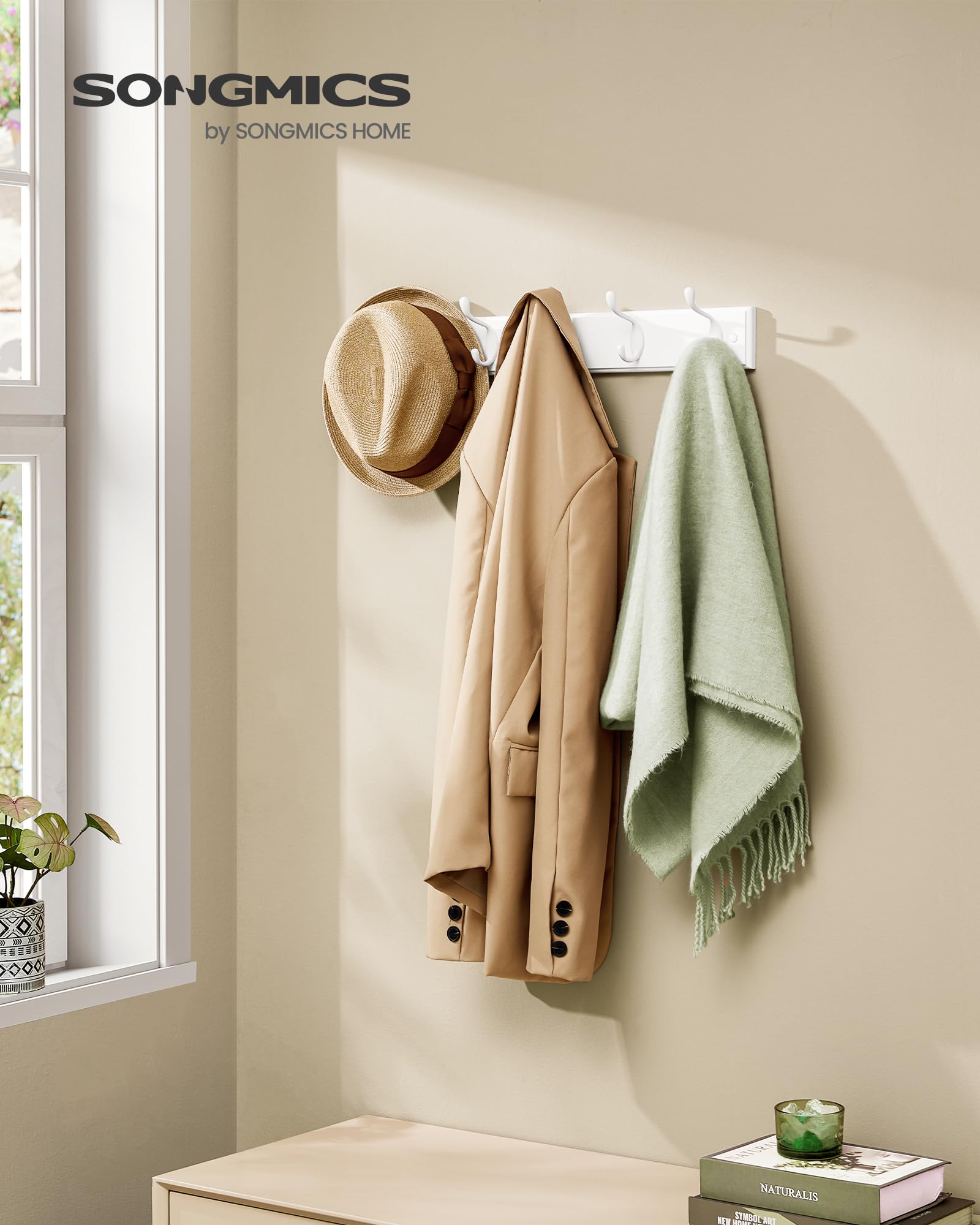 SONGMICS five-hook white rack for hats and scarves in the entryway.