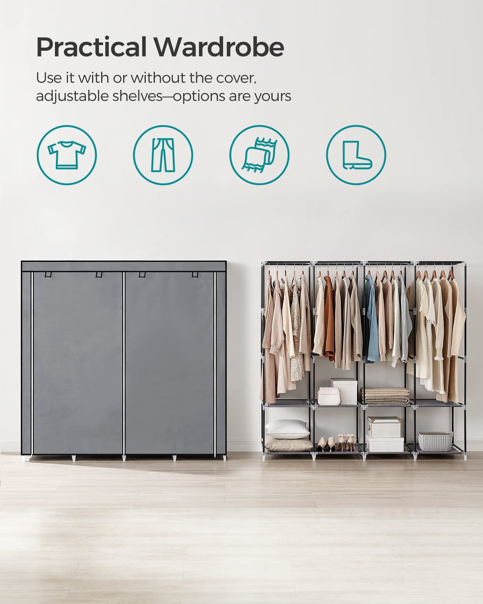SONGMICS shelves provide space for shoes, bags, and folded items