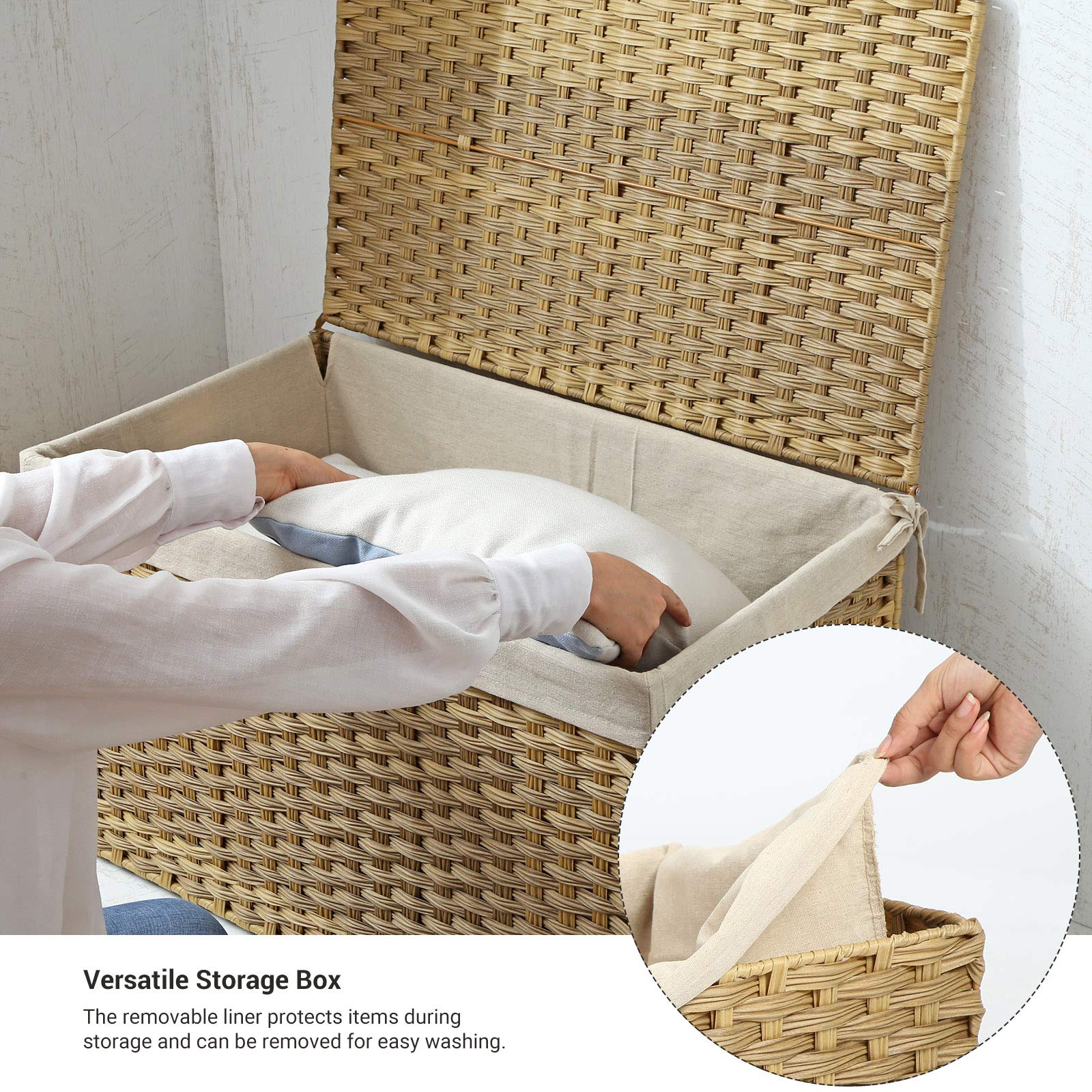 SONGMICS waterproof PP rattan basket provides ventilation and keeps contents dry.