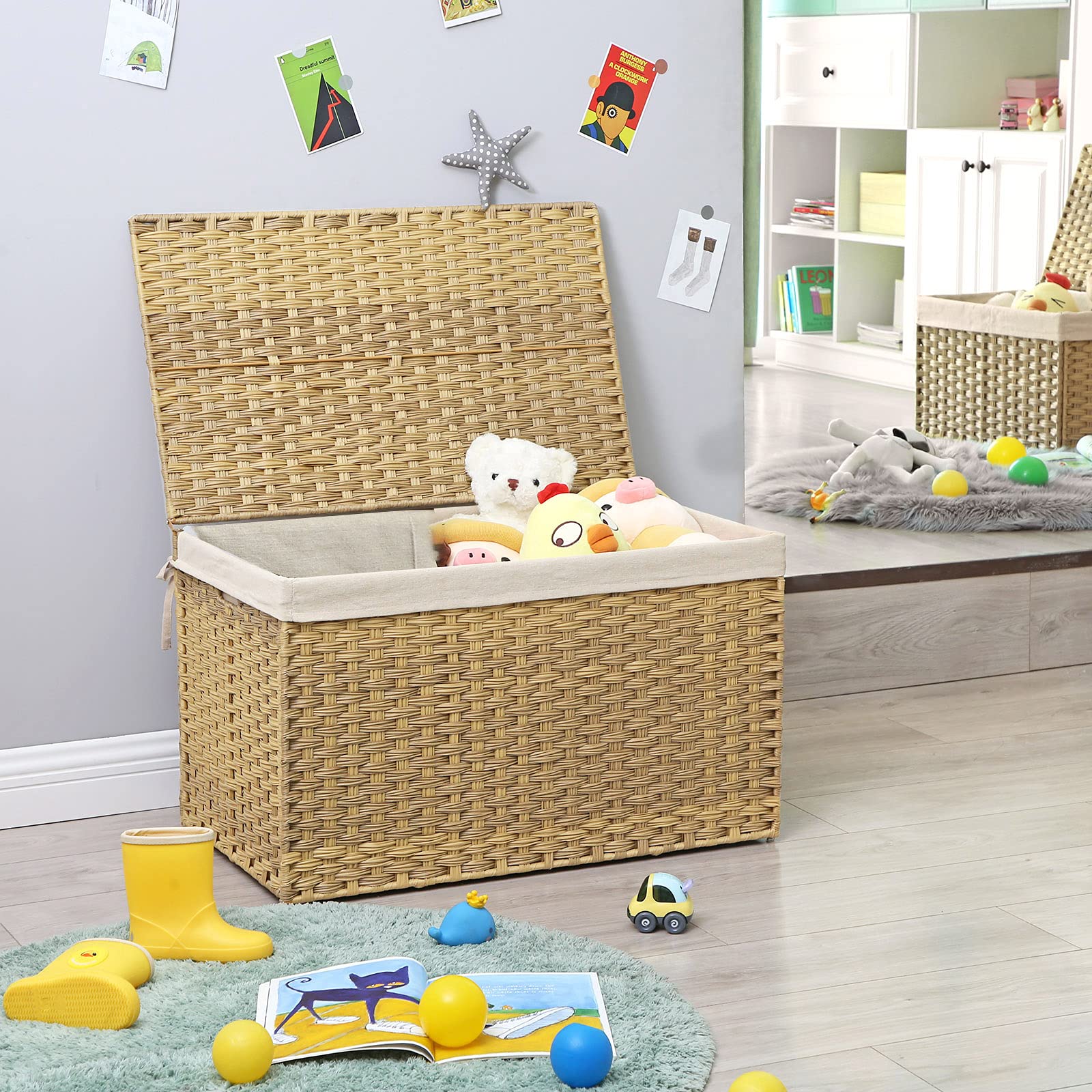 SONGMICS woven basket with lid open for easy access to contents.