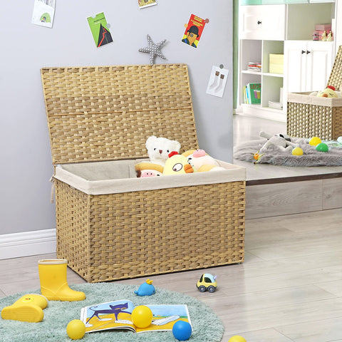 SONGMICS woven basket with lid open for easy access to contents.