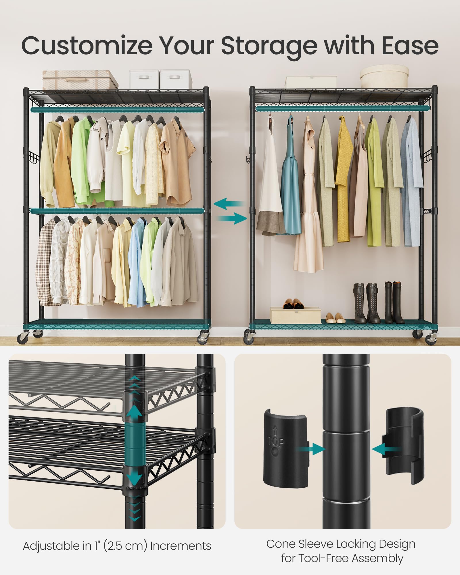 SongMICS rack with wheels and brakes enables easy movement and secure locking.