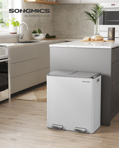 SONGMICS white gray kitchen trash can blends with décor and reduces clutter.