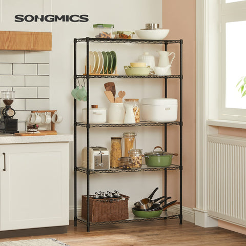 SONGMICS wire shelving unit with eight hooks for handy utensil hanging