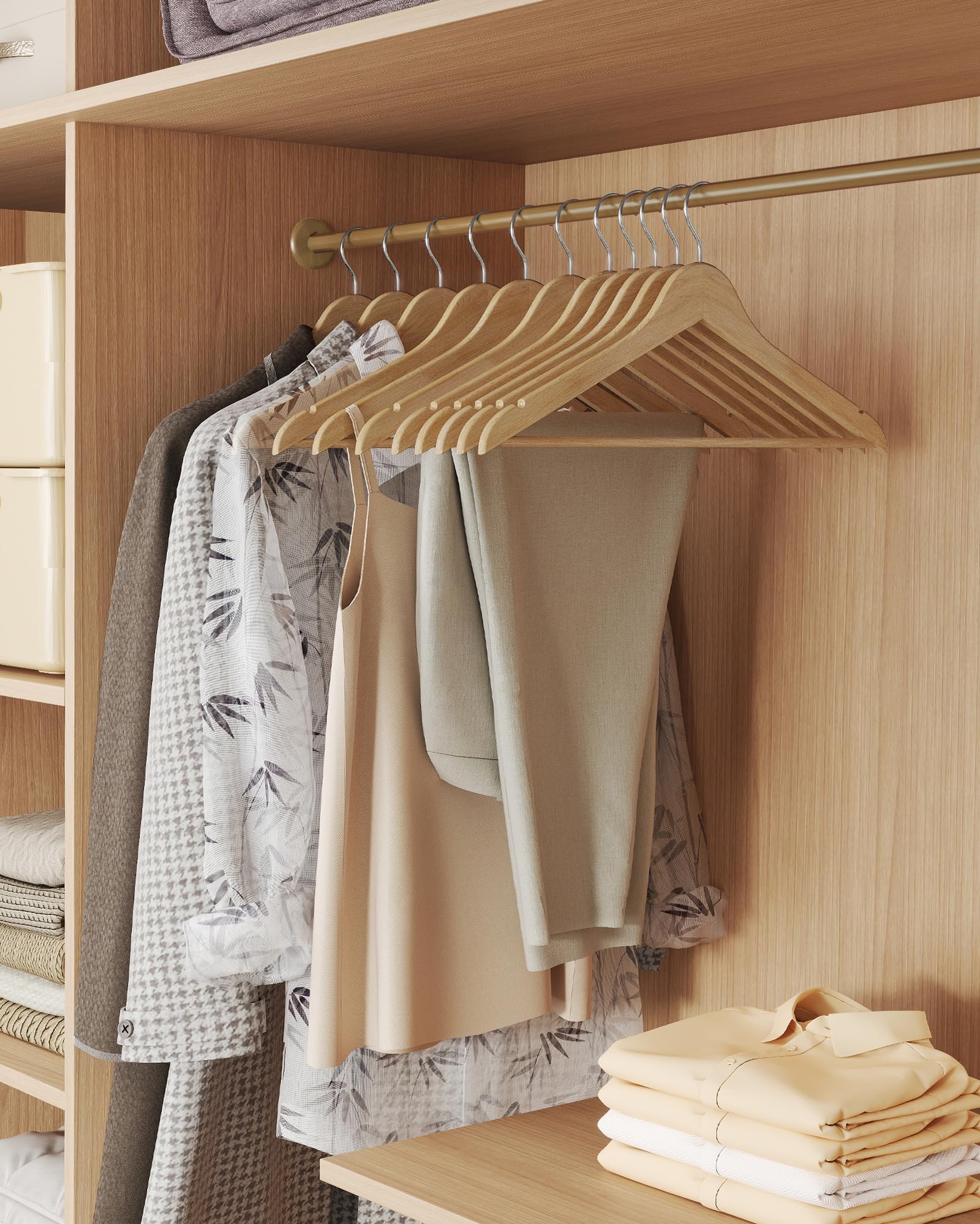 SONGMICS wooden hangers featuring a 360-degree swivel hook for easy access