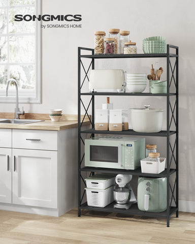 SONGMICS 5-tier rack highlights X side bars that reinforce structure and add industrial flair.