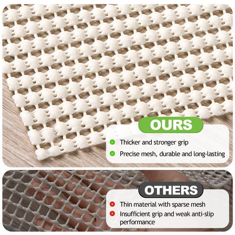 Songrey rug pad close-up shows dual-sided grip locking rug and floor for stability
