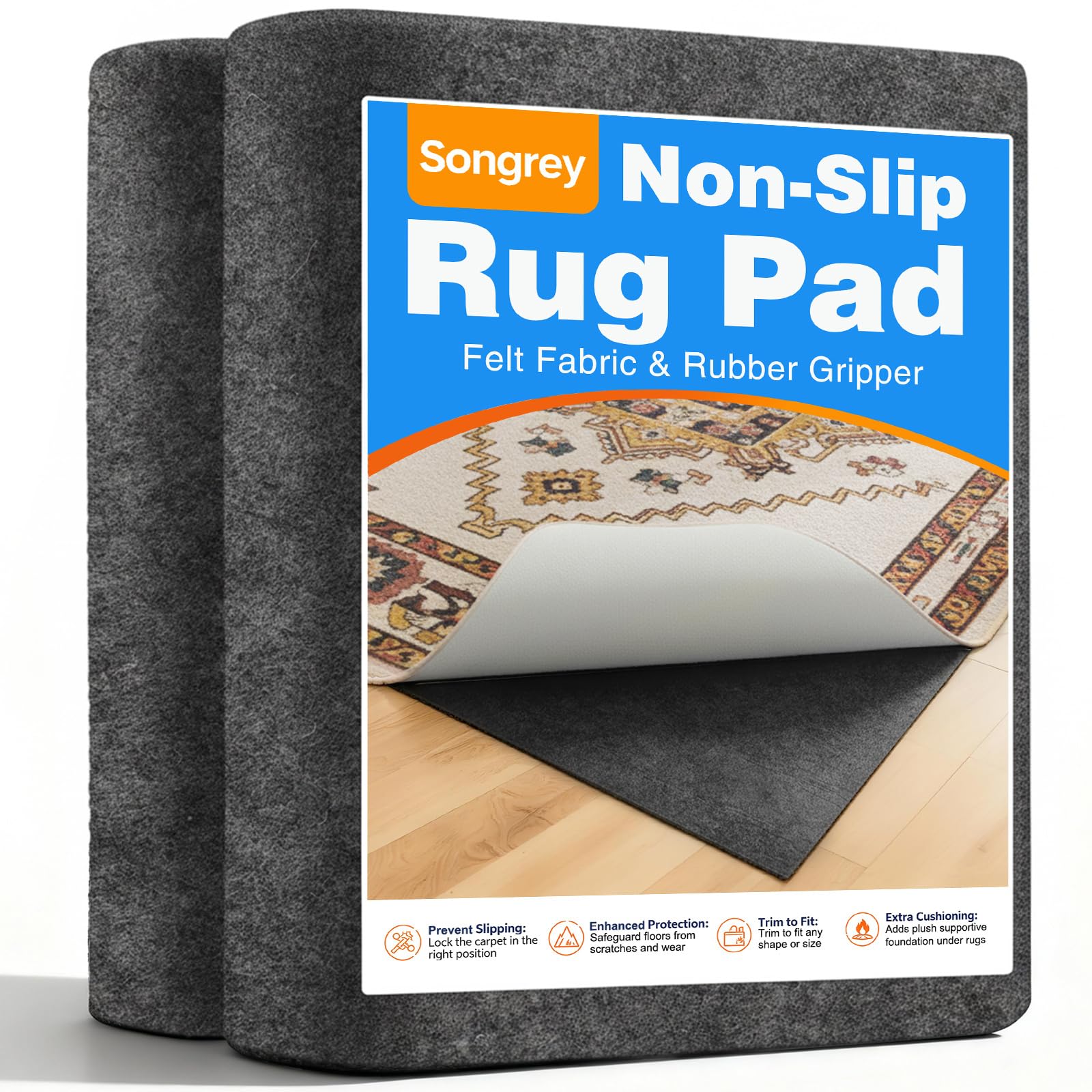 Songrey non-slip rug pad 9x12 ft gripping hardwood floors for secure rugs