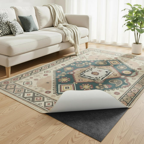 Songrey rug pad with anti-skid backing secures area rugs on wood floors.