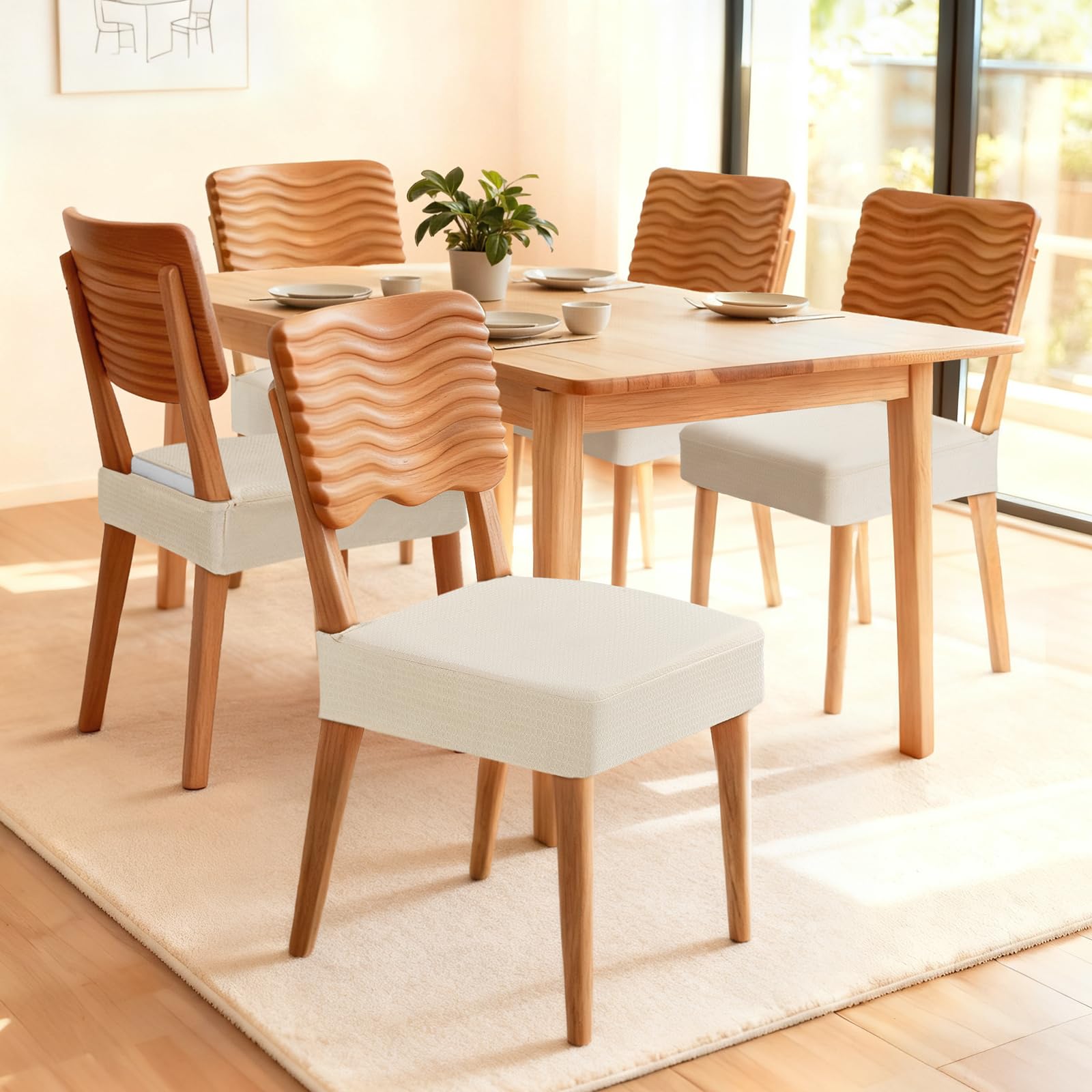 Songrey stretch seat cover on a dining chair, side view, flexible fit.