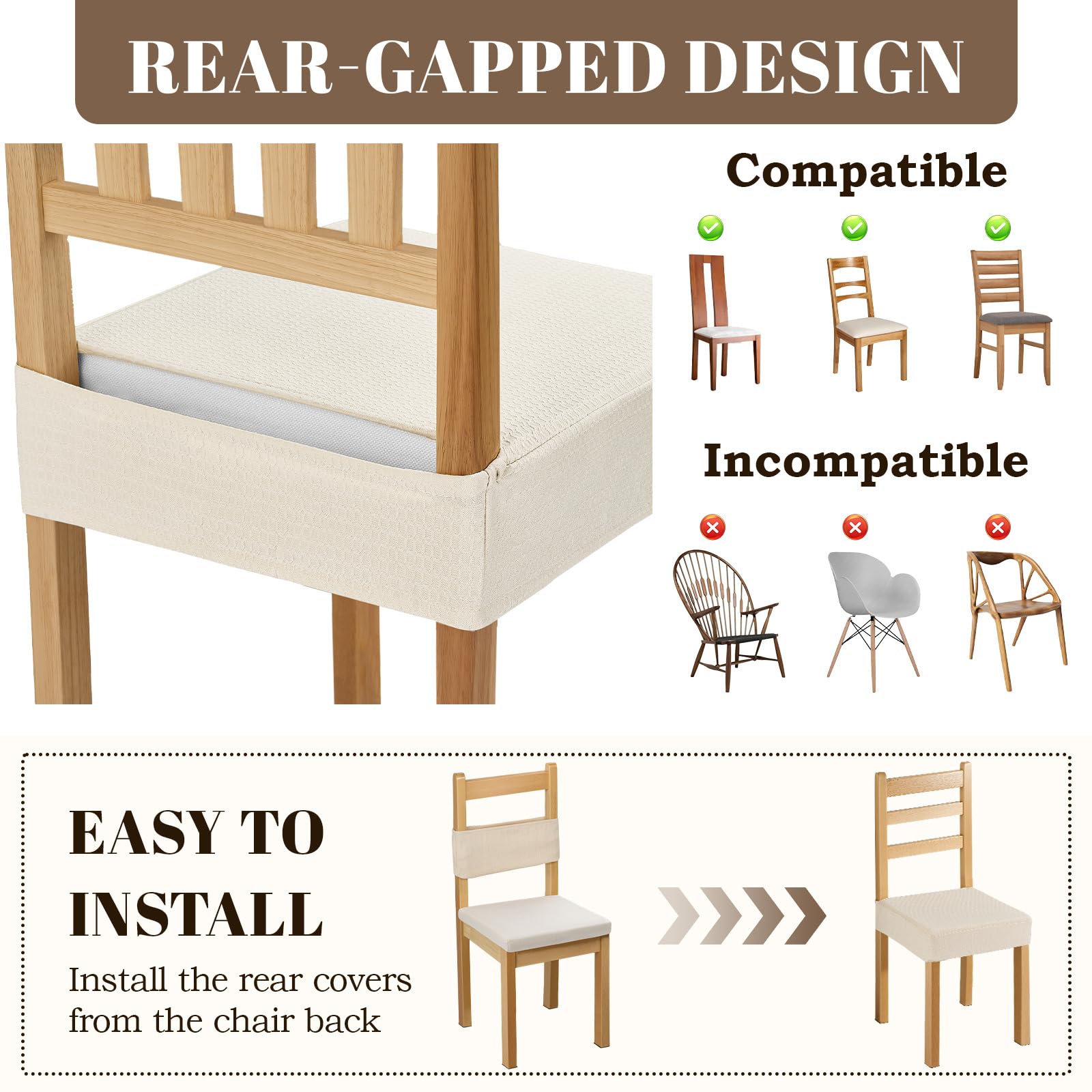 Songrey TPU-laminate waterproof back detail on a dining chair cover, beige.