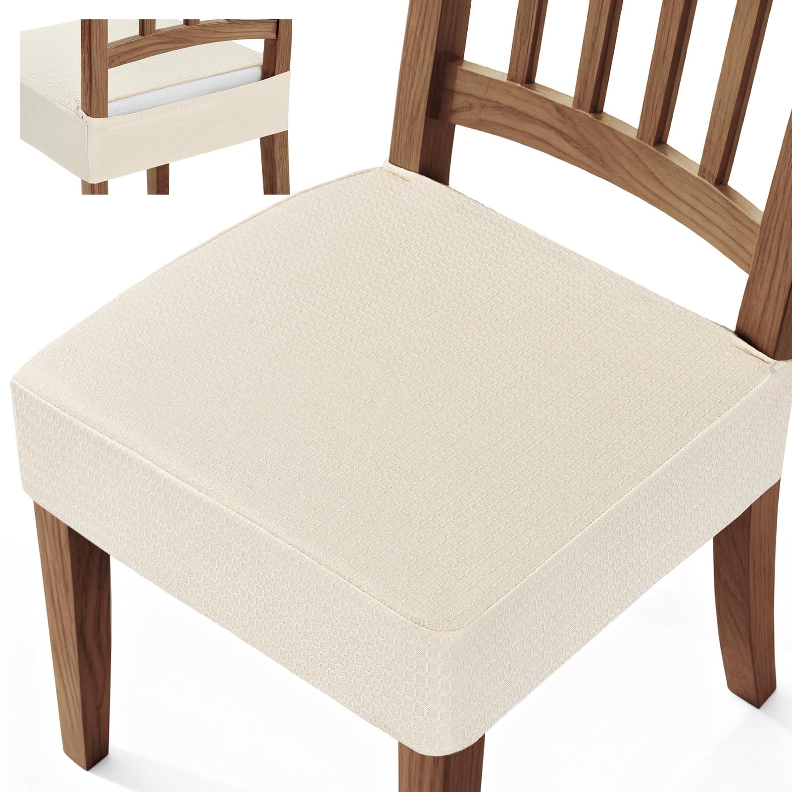 Songrey waterproof seat cover on a dining chair, front view, beige color, spill protection.