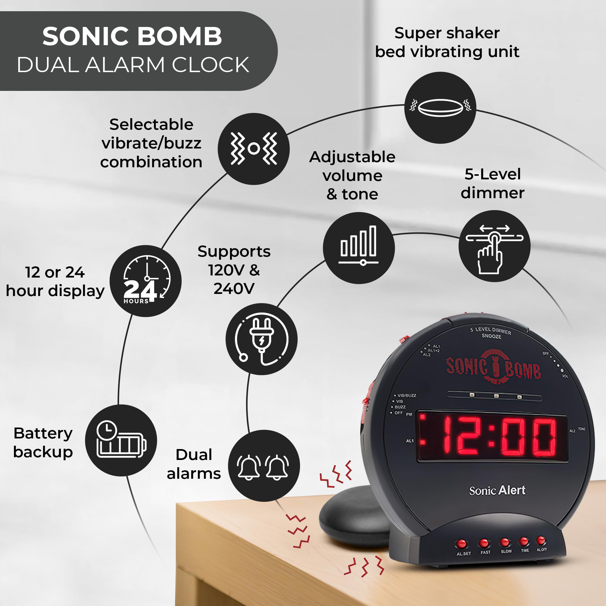 Adjustable volume and snooze control on Sonic Bomb alarm clock