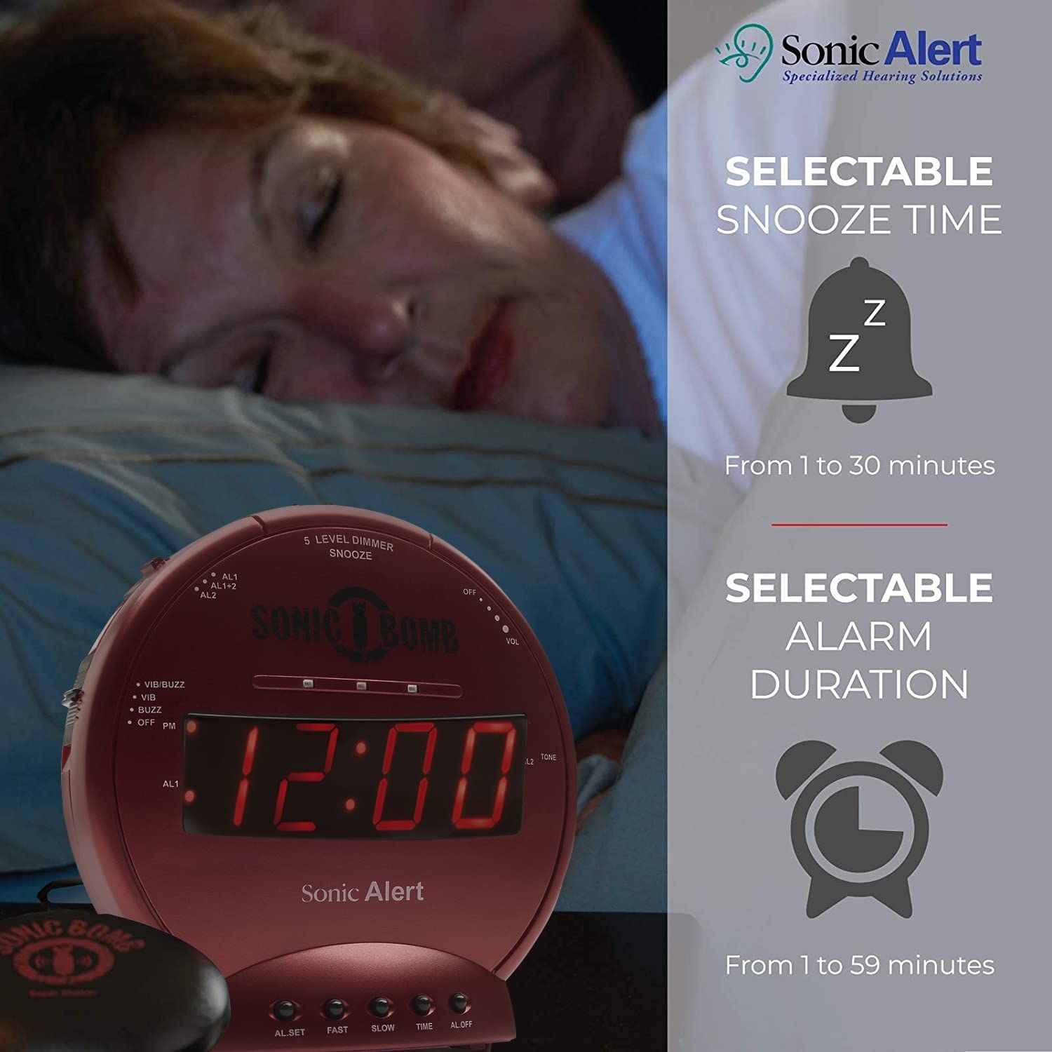 Battery backup feature ensures time and alarm settings during outages.