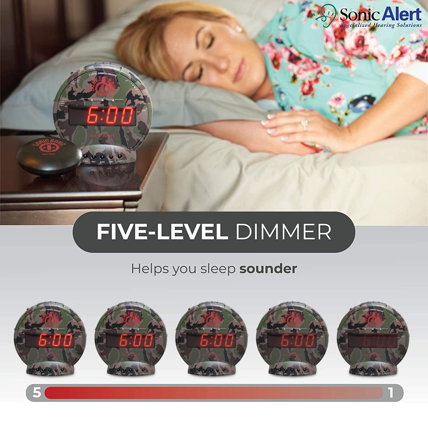 Sonic Alert dual alarm camouflage display with adjustable volume and snooze options.