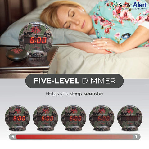 Sonic Alert dual alarm camouflage display with adjustable volume and snooze options.
