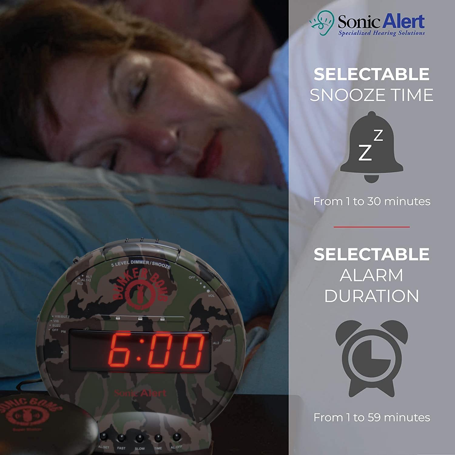 Sonic Alert red flashing lights provide a clear visual wake cue.