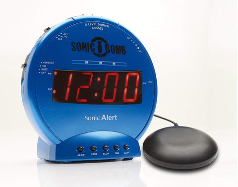 Sonic Bomb dual alarm clock with bed shaker for heavy sleepers, featuring loud alarm and flashing alerts