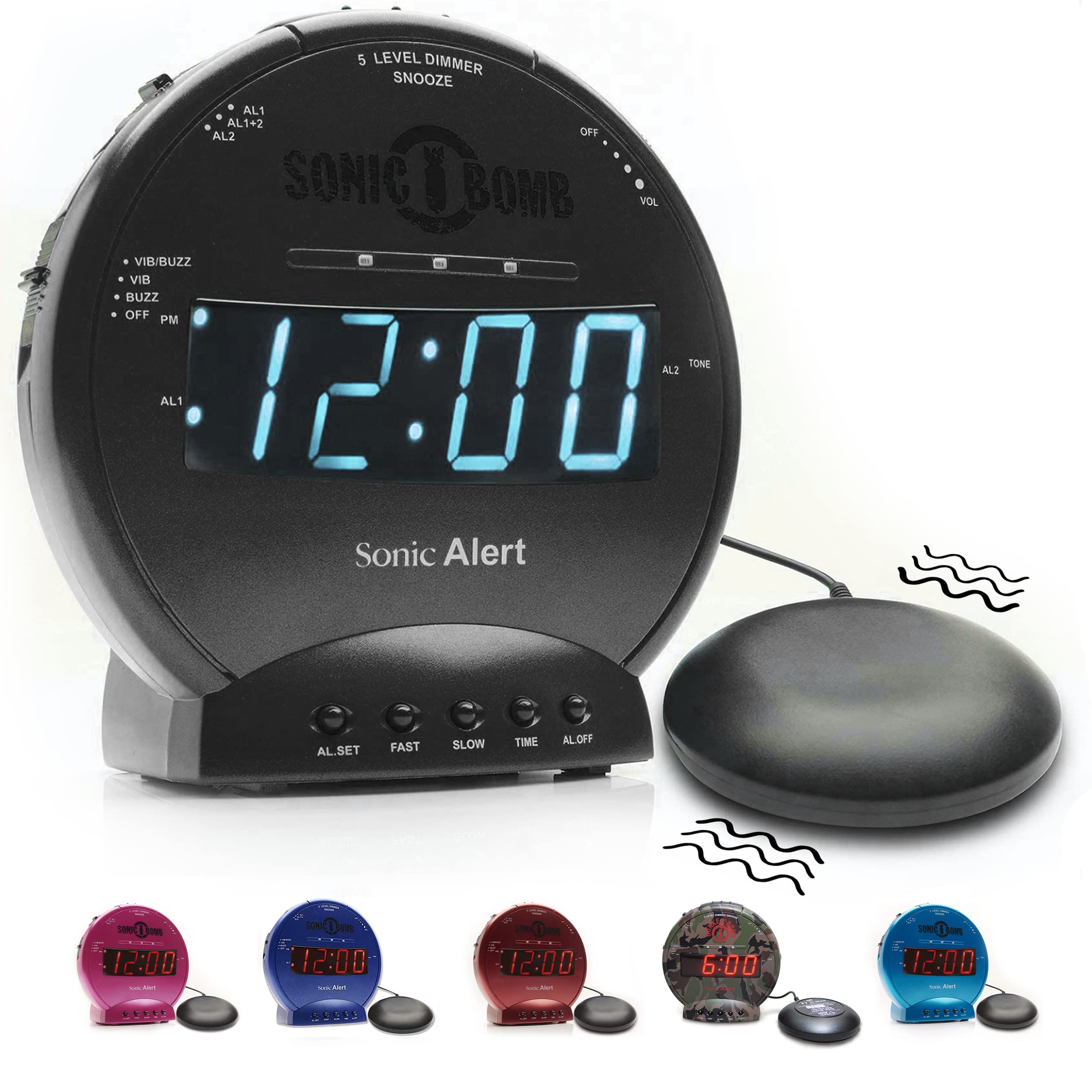 Sonic Alert Sonic Bomb clock front view with bold display for heavy sleepers