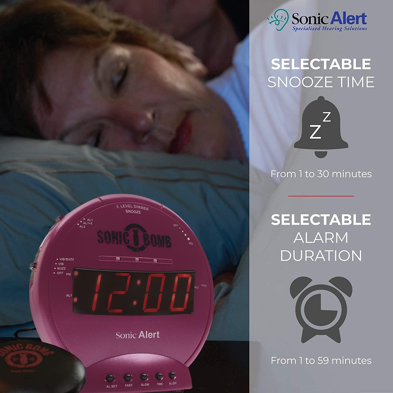 Sonic Bomb dual alarm display showing 12/24 hour options in pink