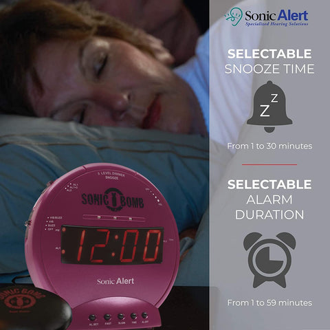 Sonic Bomb dual alarm display showing 12/24 hour options in pink