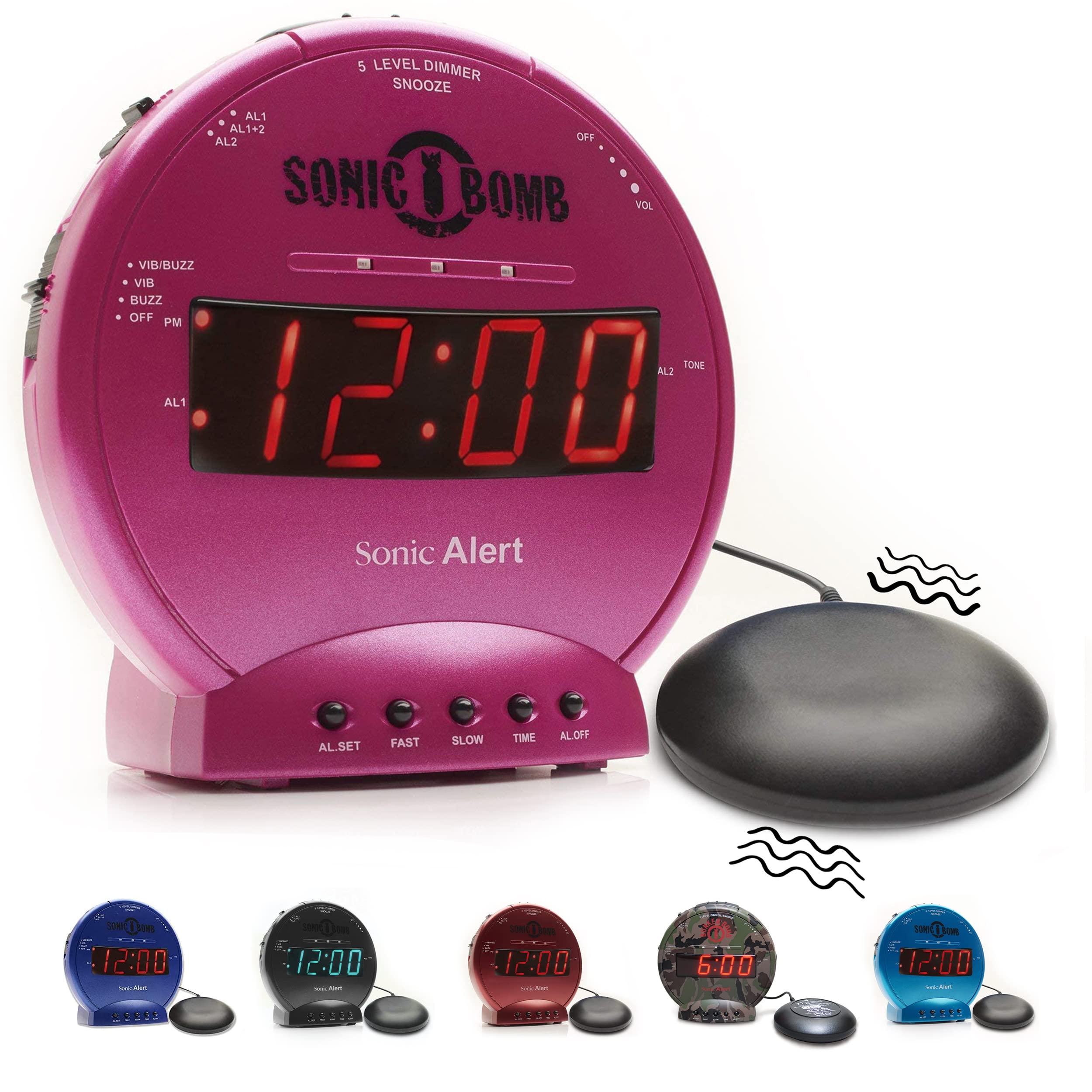 Sonic Bomb front view by Sonic Alert with pink finish, ready to wake heavy sleepers